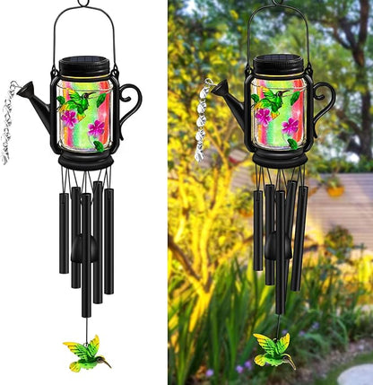 Solar Hummingbird Wind Chimes for Outside - Gifts for Mom Women Grandma,Solar Mason Jar Watering Can Hummingbird Light Unique Hanging Wind Chimes Outdoor,Yard Garden Terrace Courtyard