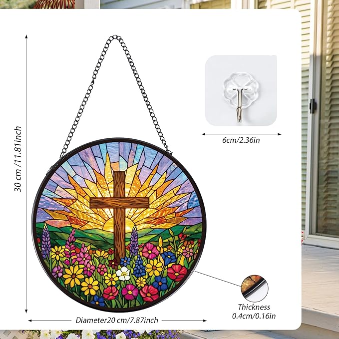 Rngmsi Christian Glass Window Hanging, 8 Inch Sun Catcher Cross Religious Gift for Housewarming, Decorative Suncatchers Gifts for Women Men Wall Art Home Decor