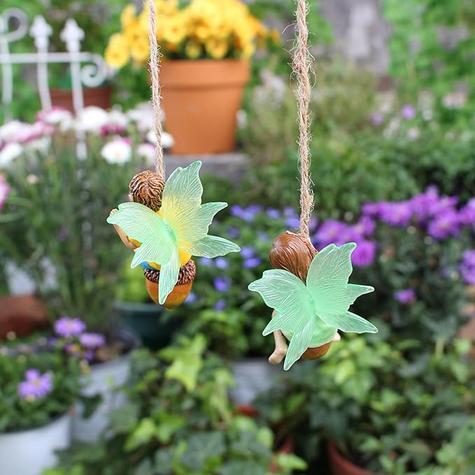 2PCS Hanging Fairies Garden Statue Decoration Boy & Girl Figurines Sitting on an Acorn with Luminous Wings Resin Micro Landscape Ornaments for Outdoor Farmhouse Patio Yard Tree Decor (D)