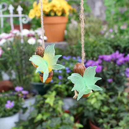 2PCS Hanging Fairies Garden Statue Decoration Boy & Girl Figurines Sitting on an Acorn with Luminous Wings Resin Micro Landscape Ornaments for Outdoor Farmhouse Patio Yard Tree Decor (D)