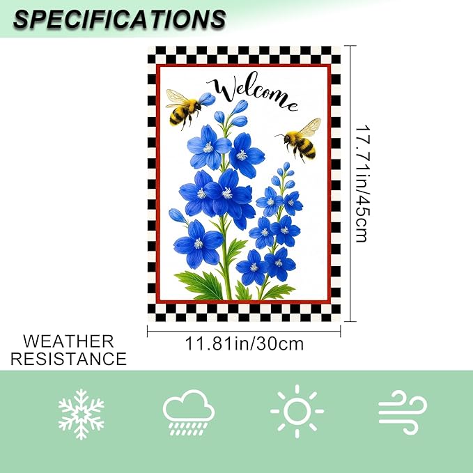 IVN Floral Welcome Garden Flag 12x18 Inch Double Sided Yard Flag Double Sided Bluebells Flowers with Bees Decorative Small Flags for Outside Seasonal Farmhouse Yard Outdoor Decoration Flags