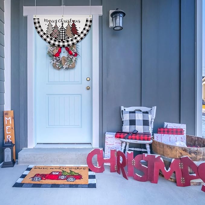 FuWeave Christmas Black and White Buffalo Plaid Bunting Fan Flag for Outside 1.5 x 3 ft Plaid Xmas Trees Hanging Flag Banner Pleated Buntings Winter Holiday for Christmas Garden Decor