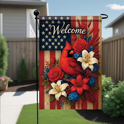 Spring Summer Garden Flag 12x18 Inch Patriotic Cardinal Welcome American Outdoor Floral Bird Design Outdoor Yard Porch Lawn for Seasonal Americana Farmhouse Home Decor