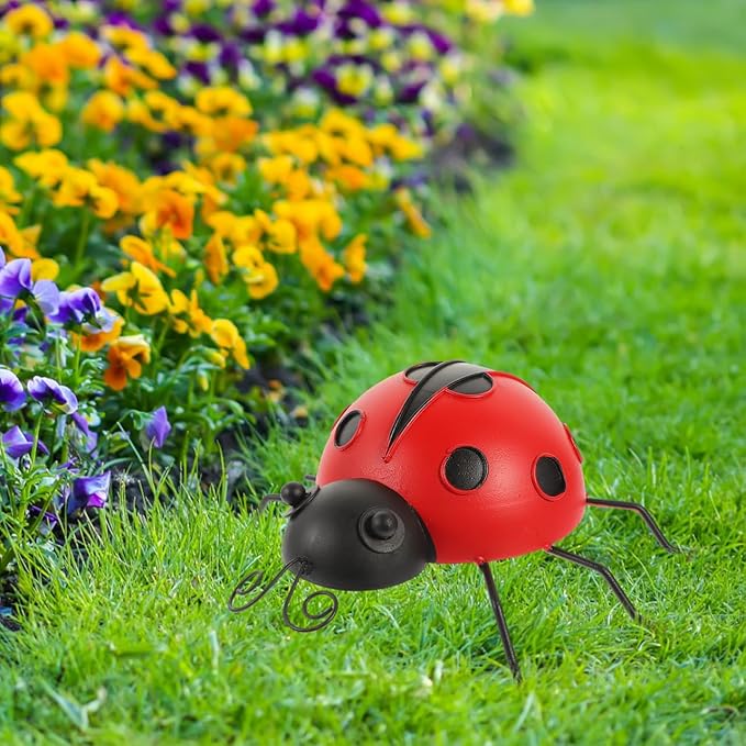 Tofficu Simulation Ladybug Ornaments 9.05 Inch Outdoor Garden Decor Metal Lawn Sculpture Cute Animal Patio Tabletop Accent for Yard Decoration