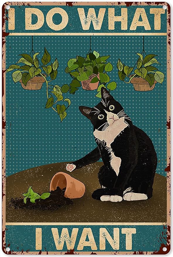 Eeypy Garden Decorations Outdoor Metal I Do What I Want Tuxedo Cat Gardening Tin Sign Decoration Vintage Chic Metal Poster Wall Decor Art Gift for Home Outside Farm Garden Garage Outdoor 12x8 inch