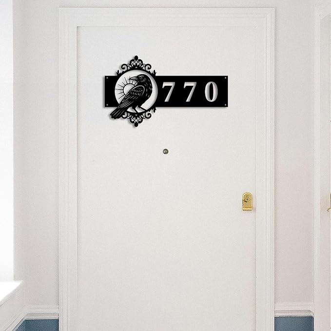 Personalized Gothic House Number metal Signs,Custom Address Number Metal Wall Art Decor,Black Plaques Outdoor wall Decorative Signage,Shed(8-30 Inches) (Crow B)