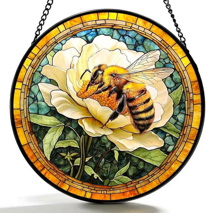 Funoasis Stained Glass Window Hanging 6.3 Inches Suncatcher - A Bee is Collecting Nectar from A Large White Flower Ornaments Sun Catcher Home Decor Women Birthday