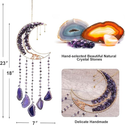 Moon Wind Chimes With Amethyst Tree for Purple Room Aesthetic, Hanging Crystal Decor for Home Wall, Purple Bedroom for Women, Unique Gifts for Women or Teen Girls