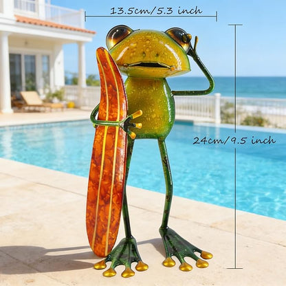 Frog Metal Garden Decor Yard Art Frog Decor with Skateboard, 3D Stereo Hand-Painted Decoration for Outdoor Garden Patio Plant Porch Poolside, Indoor Living Room Bedroom Shelf Ornament 9.5'' Height