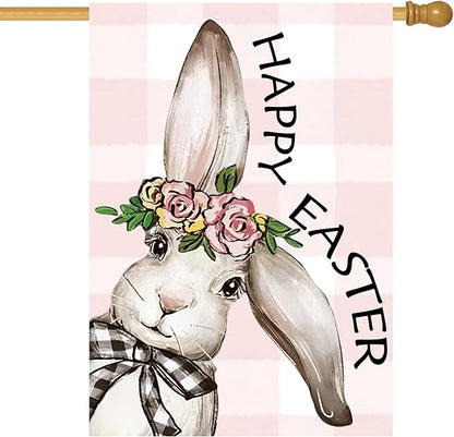 Happy Easter Bunny House Flag 28x40 Inch Double Sided, Easter Rabbit Large Garden Flags for Outside Decor, Spring Summer Holiday Yard Flag Outdoor Seasonal Decorations for Home