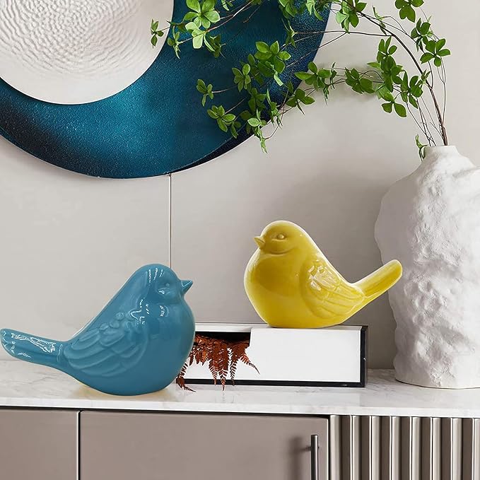 yhcdsea Decorative Chubby Bird Figure, Glazed Ceramic Cottage Animal Statue - Indoor/Outdoor Garden Decor Accent - Creative Gift (Blue Yellow)
