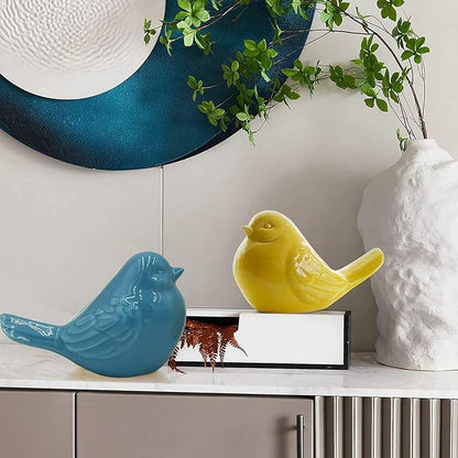 yhcdsea Decorative Chubby Bird Figure, Glazed Ceramic Cottage Animal Statue - Indoor/Outdoor Garden Decor Accent - Creative Gift (Blue Yellow)