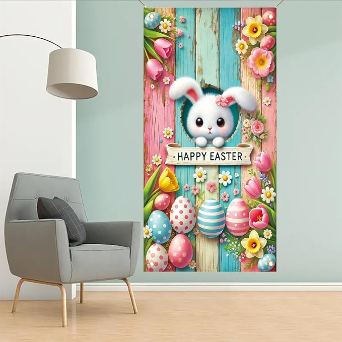 Happy Easter Door Cover Decoration Easter Eggs Bunny Door Banner Backdrop Photography Welcome Spring Outdoor Indoor Home Decors Supplies Party Decorations 70.8 x 35.4 inch