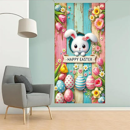 Happy Easter Door Cover Decoration Easter Eggs Bunny Door Banner Backdrop Photography Welcome Spring Outdoor Indoor Home Decors Supplies Party Decorations 70.8 x 35.4 inch