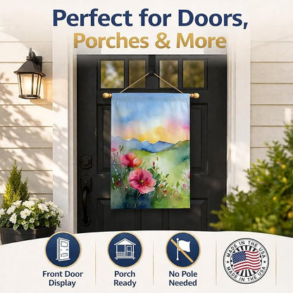 Caroline's Treasures North Dakota Wild Prairie Roses in Watercolor House Flag Large Porch Sleeve Pole Decorative Outside Yard Banner Artwork Wall Hanging, Polyester, House Size, Multicolor