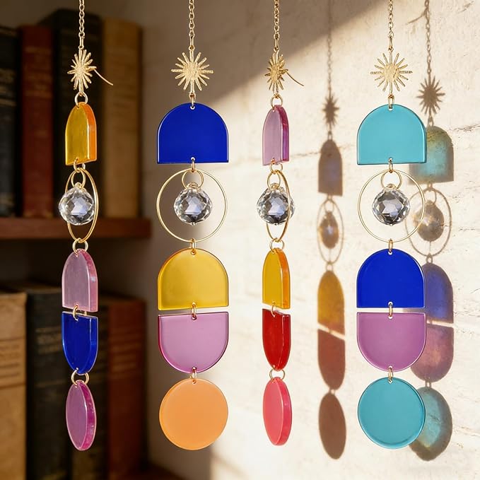 4 Pcs Colorful Acrylic Crystal Suncatchers Window Hanging Decor - Bohemian Crystal Wind Chime for Home, Bedroom, Living Room, Party Decoration
