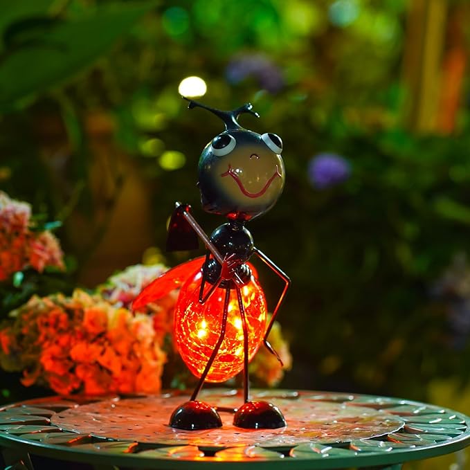 Solar Ladybug Lantern Outdoor Waterproof - Crackle Glass Globe LED Light, Cute Metal Bug Tabletop Lamp for Yard Patio Garden, Gift for Mom Women Grandma Housewarming