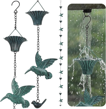 8.5FT Blue Hummingbird Rain Chain for Gutters, Decorative Downspout Alternative for Outdoor Garden & Patio, Designed for Heavy Rain Water Flow