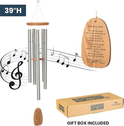 Woodstock Wind Chimes 39" Reflections Amazing Grace Large Windchime, Cherry Finish Ash Wood, 5 Silver Aluminum Tubes, Wind Chime Inspirational Windchime Tuned to Amazing Grace Hymn