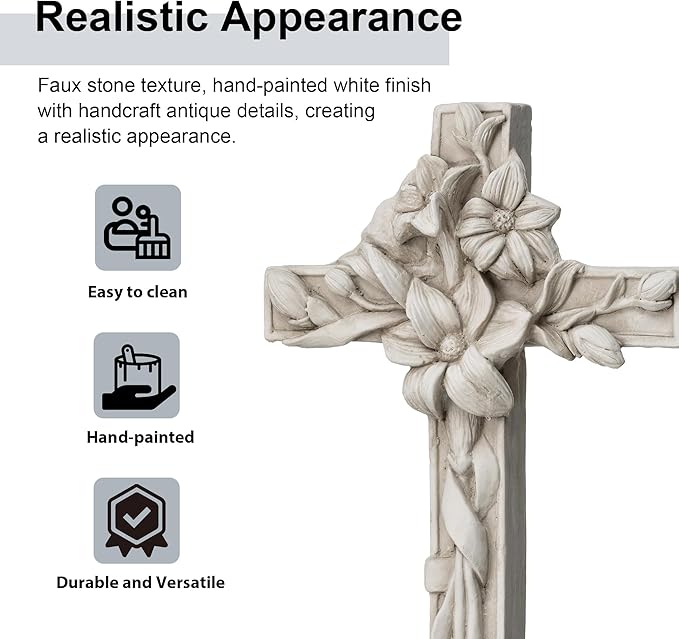 Glitzhome Holy Cross with Lily Garden Statue MGO Outdoor Decoration, 13.75" H, Ash Gray