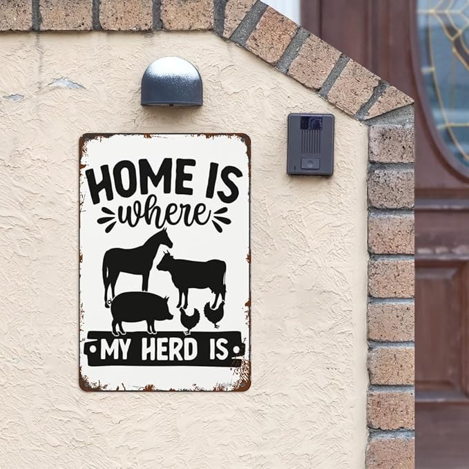 patio wall decor Home Is Where My Herd Iss metal signs Cafe Wall Decor for Home,Bathroom,Yard,Kitchen,Office,Cafe,Hotel Funny Quotes & Inspirational Life Sayings 8X12inch