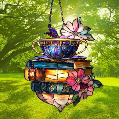 Floral Coffee Cup and Books Acrylic Suncatcher Stained Glass Effect Window Car Hanging Christmas Ornament Indoor Outdoor Decor Garden Sun Catcher Panel for Book Lover for Women Mom Grandma