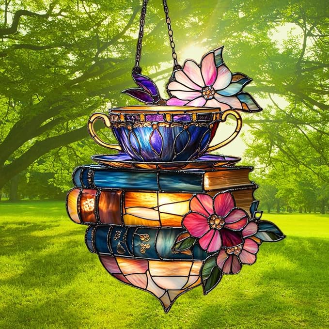 Floral Coffee Cup and Books Acrylic Suncatcher Stained Glass Effect Window Car Hanging Christmas Ornament Indoor Outdoor Decor Garden Sun Catcher Panel for Book Lover for Women Mom Grandma