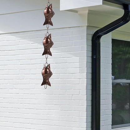 Abaodam Aluminum Alloy Rain Chain with Copper Fish Design Decorative Rainwater Catcher Chain for Garden and Porch Downspouts with Hanging Cups