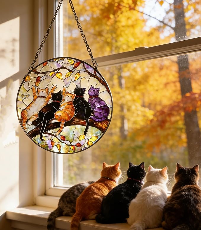 Stained Glass Window Hanging - 5 Happy Kittens on a Branch Suncatcher for Window Doors Home Decoration and Christmas, Mother's Day Birthday Gifts for Women Men Mom 7.8 * 7.8 inch
