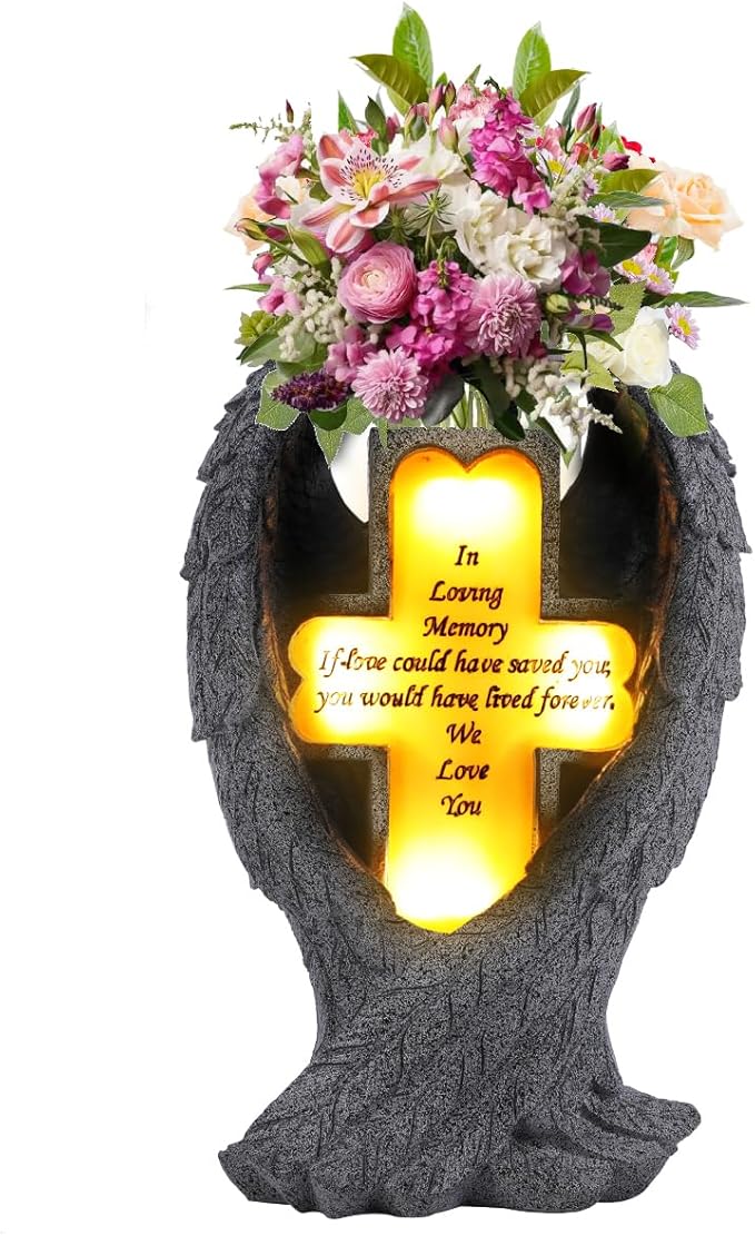 Grave Decorations for Cemetery，Heaven Angel Wing Cross, Graveyard Decoration, Vase with Solar LED Lamp, Resin Decorated Bereavement Statue, Gift in Memory of Relatives (Gray)