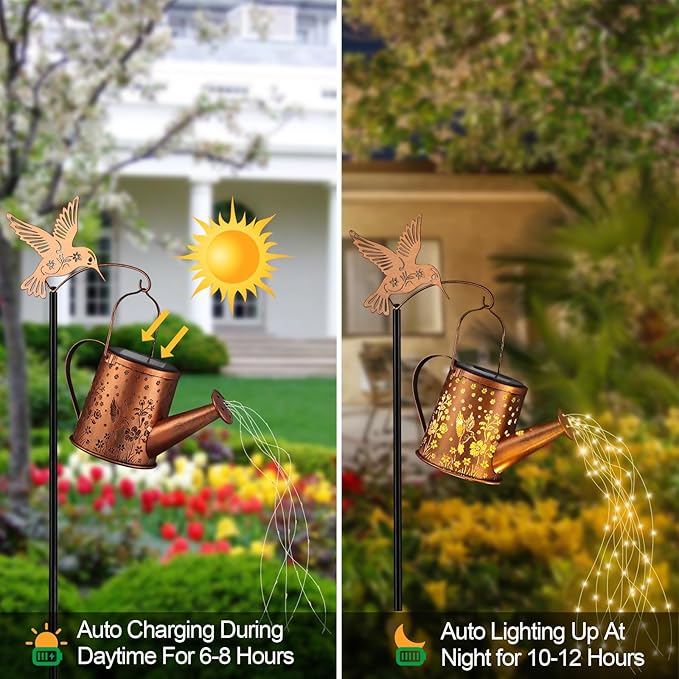 Gifts for Mom, Hummingbird Solar Lantern Outdoor Waterproof, Outside Metal Watering can Landscape Lights for Garden Yard Patio Pathway Decor Birthday Gifts for Women Grandma -with Pole