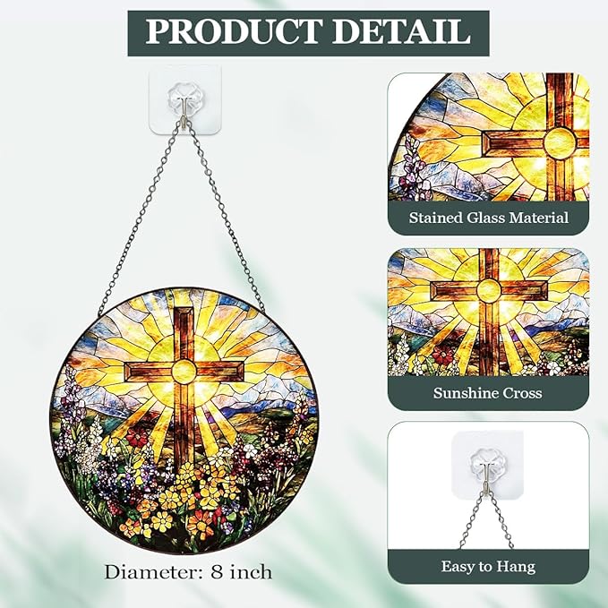 Christian Cross Stained Glass Window Hanging – Round Faith Suncatcher with Chain, Colorful Glass Ornament for Living Room Home Garden Decor Gift, 8 Inch