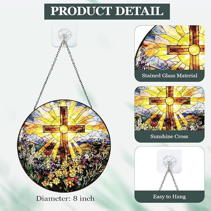 Christian Cross Stained Glass Window Hanging – Round Faith Suncatcher with Chain, Colorful Glass Ornament for Living Room Home Garden Decor Gift, 8 Inch