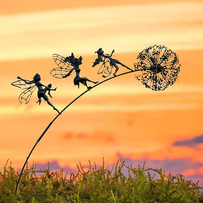 Flower Fairy Dancing with Dandelion Garden Sculpture,Angel Metal Ornaments Stainless Steel Statue Decorations,Wonderland Outdoor Yard Lawn Patio Stakes Sculptures Decor (A)