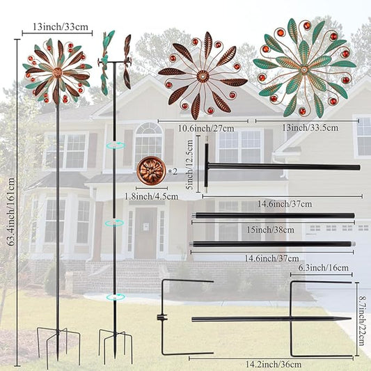DREAMSOUL Metal Wind Spinners Outdoor, Double Wind Spinner with 5 Stable Stake, Kinetic Spinners for Yard and Garden (63 * 13 Inches)