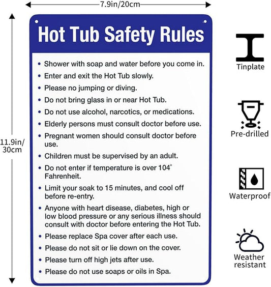 Aluminum Warning Sign, Hot Tub Safety Rules, Pool Sign, Vintage Style, Silver, 8 X 12 Inches