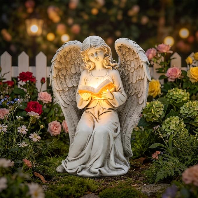 Angel Statue Outdoor Decor, Elegant Angel Garden Statues Reading Book with Solar LED Lights Yard Decorations Lawn Ornaments Figurines Resin Sculpture for Outside, Angel Gardening Gifts