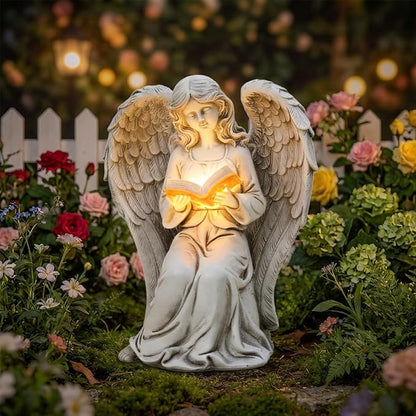 Angel Statue Outdoor Decor, Elegant Angel Garden Statues Reading Book with Solar LED Lights Yard Decorations Lawn Ornaments Figurines Resin Sculpture for Outside, Angel Gardening Gifts