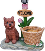 20" Solar Cairn Terrier Garden Statue with Welcome Sign & Planter - Large Dog Sculpture with LED Street Lantern - Weatherproof Resin Decorative Flower Pot for Porch, Yard & Patio - Pet Lover Gift