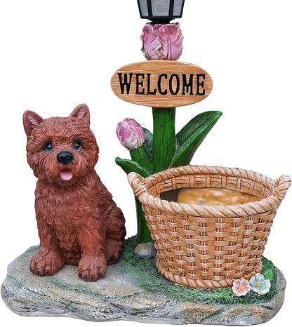 20" Solar Cairn Terrier Garden Statue with Welcome Sign & Planter - Large Dog Sculpture with LED Street Lantern - Weatherproof Resin Decorative Flower Pot for Porch, Yard & Patio - Pet Lover Gift