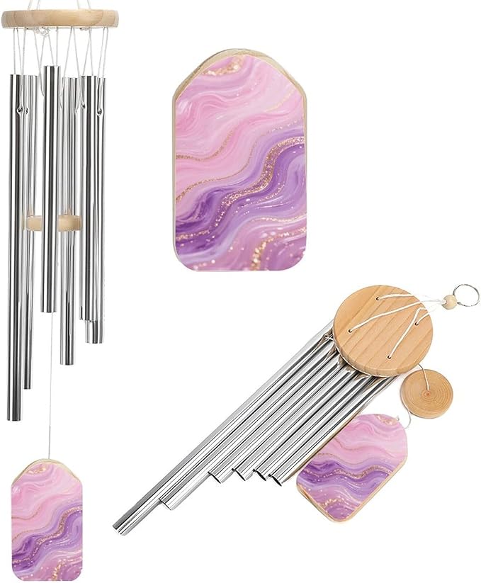 Pink Purple Marble Wind Chime 20.5 Inch, Wooden & Metal Windchime for Outdoor Garden Indoor Home Decor, Memorial Gift Wind Bell with Relaxing Sound for Patio Yard Bedroom
