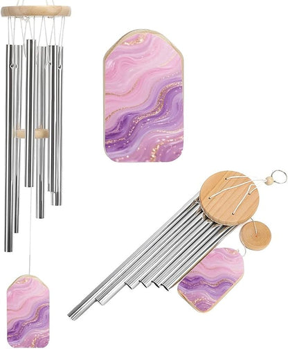 Pink Purple Marble Wind Chime 20.5 Inch, Wooden & Metal Windchime for Outdoor Garden Indoor Home Decor, Memorial Gift Wind Bell with Relaxing Sound for Patio Yard Bedroom