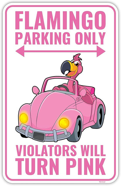 Venicor Flamingo Parking Only Sign - 9 x 14 Inches - Aluminum - Pink Flamingo Gifts for Women - Flamingo Decor Metal Wall Art - Outdoor Flamingos Yard Decorations Lawn Party Supplies Merch Stuff