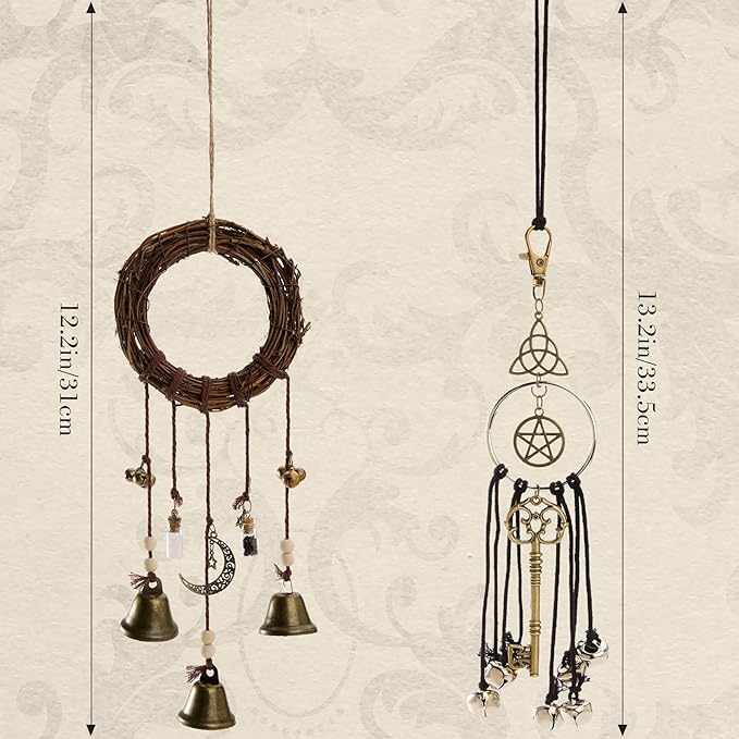2 Pieces Witch Bells for Door Knob, Witch Wind Chimes Hanger Protection, Witchcraft Supplies Witchy Things, Magic Witching Bell Wreath Decor for Home Door Room (Black-New)