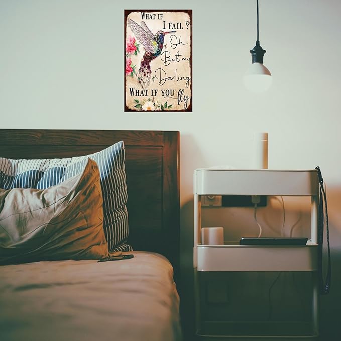 Bird Tin Sign Flower Metal Poster Vintage, What if You Fly, Wall Art Decor Gifts for Home Bar Kitchen Restaurant Bedroom Garden Plaque 8x12 Inch