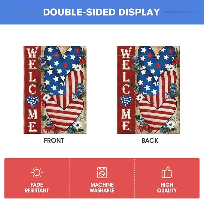 AVOIN colorlife Patriotic 4th of July Welcome Garden Flag 12x18 Inch Double Sided, Memorial Day Independence Day American Stars and Stripes Love Heart Yard Outdoor Decoration