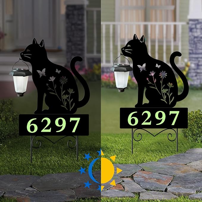Solar Cat Garden Stakes Cat Holding Solar Lantern Decor Stakes Animal Yard Decorative Stakes Yard Sign -Number