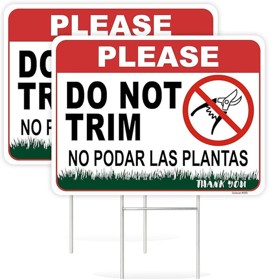 2 Pcs 12.6 X 9.4 Inch Corrugated Plastic Double Sided Do Not Trim Yard Signs with Metal Stakes,Plant Signs Bilingual Garden Markers for Outdoor Lawn