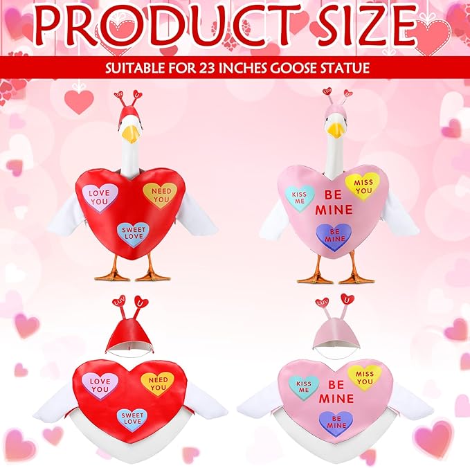 Abbylike 2 Sets Valentine's Day Porch Goose Outfits Conversation Heart Porch Yard Goose Outfits Clothes Costume Fits Large 23'' Cement for Garden Yard Statue Pathway Decorations