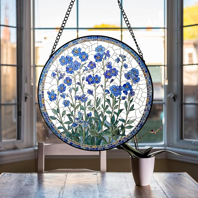 Forget Me Not Flower Suncatcher Stained Glass Window Hanging - 8″ Handmade Blue Flowers Suncatchers for Windows Hanging-Sun Catchers Wall Decor Home Garden Decorations Gift for Women Mom Plant Lovers